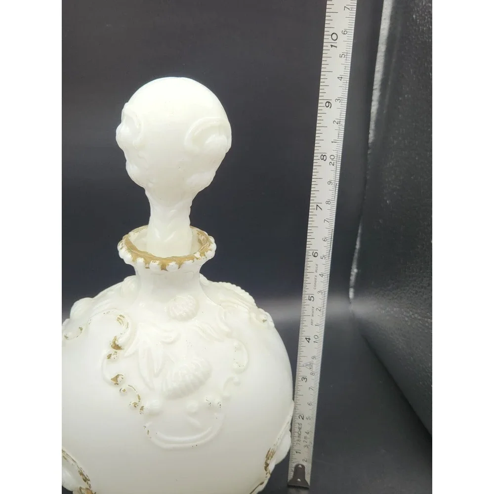 Set Of 2 Antique Milk Glass Vanity Bottles With Stoppers Gold Trim